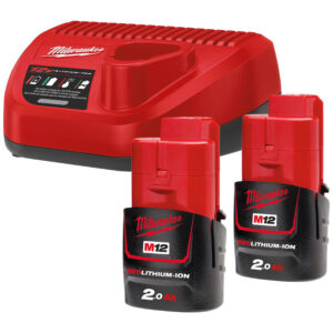 Milwaukee M12 NRG-202 startsæt m/ 2 stk. 2,0Ah batterier og lader