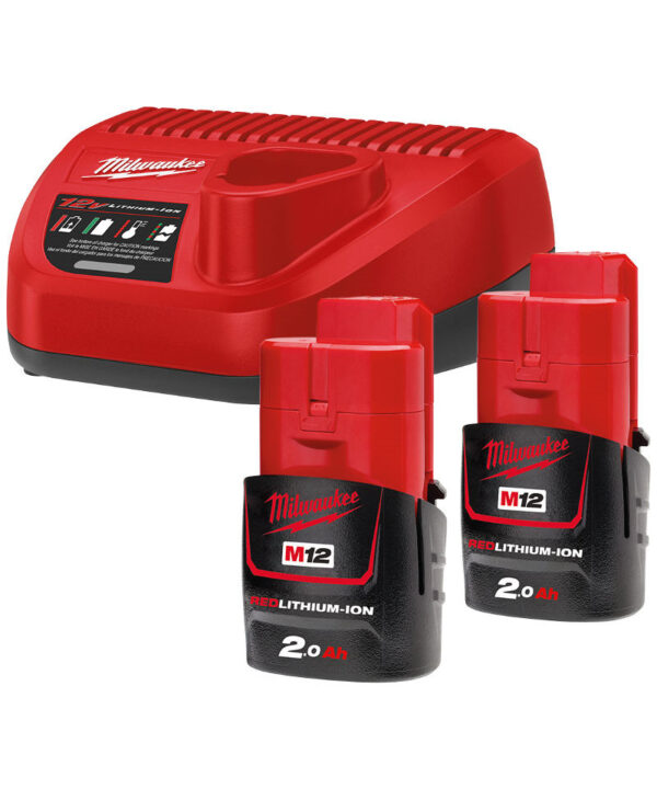 Milwaukee M12 NRG-202 startsæt m/ 2 stk. 2,0Ah batterier og lader