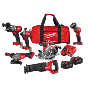 Milwaukee M18 FPP6K2-502B powerpack inkl. slag-/skruemaskiner, bajonetsav, 125mm vinkelsliber og 55mm rundsav inkl. batteri og lader