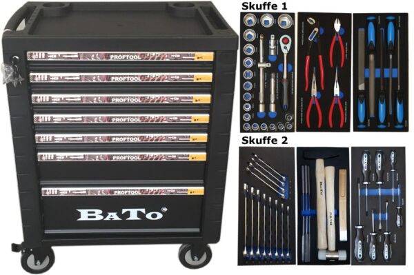 BATO Værktøjsvogn med 7 skuffer. 2 skuffer med 60 dele værktøj. Model 9107-60. Sort