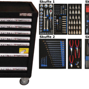 BATO Værktøjsvogn med 7 skuffer. 4 skuffer med 260 dele værktøj. Model 9124-260. Sort