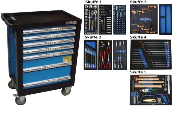 BATO Værktøjsvogn med 7 skuffer. 5 skuffer med 231 dele værktøj. Model 9137-231. Blå